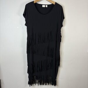 Chico's Women's Sz 3 XL/16 Black Fringe Midi‎ S/S Dress Slinky Soft Comfy Boho
